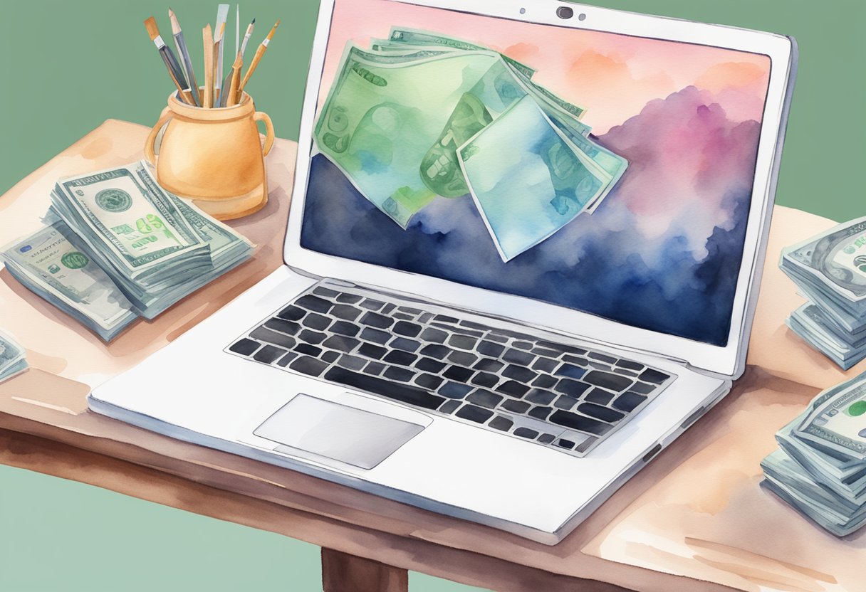 A laptop displaying a digital course with money flowing into a bank account