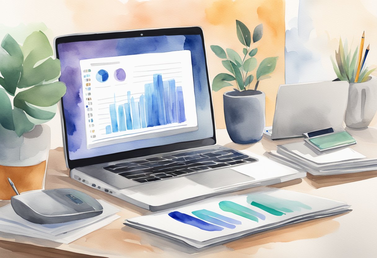 A laptop displaying a digital course with a passive income graph, surrounded by marketing materials and a publishing schedule