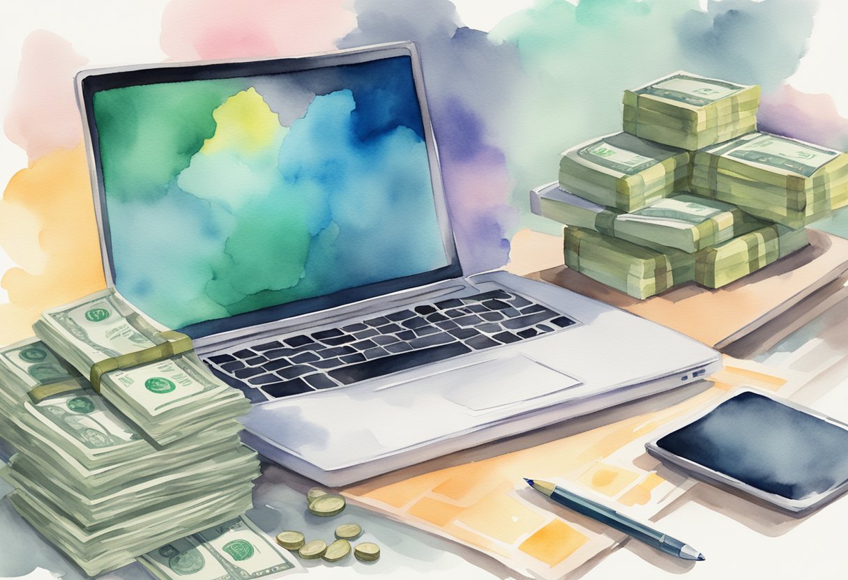 A laptop with a digital course on the screen, surrounded by stacks of money and a calendar showing consistent dates