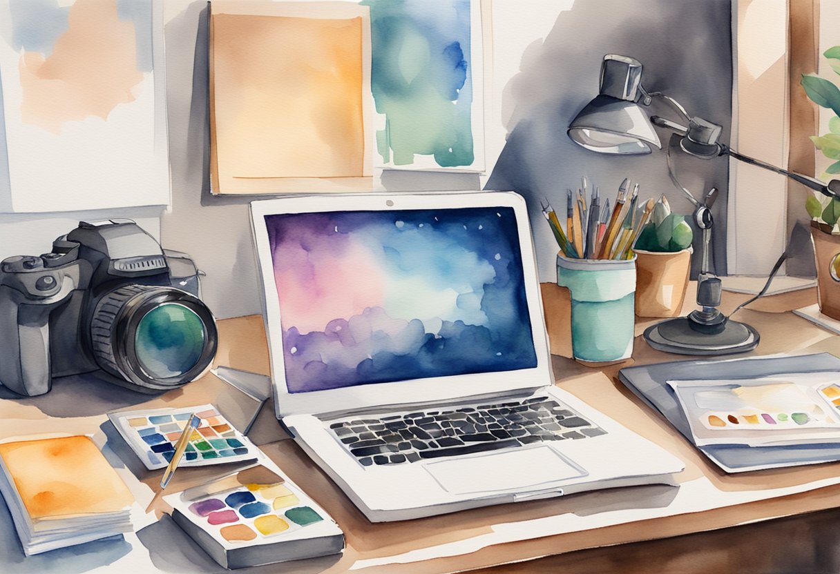 A laptop on a desk with a camera, lighting equipment, and various props. A stack of printed stock photos sits nearby