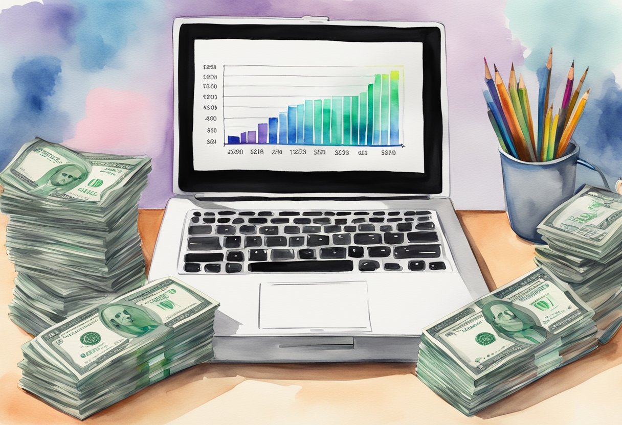 A laptop and camera on a desk with a stack of cash and a graph showing increasing profits