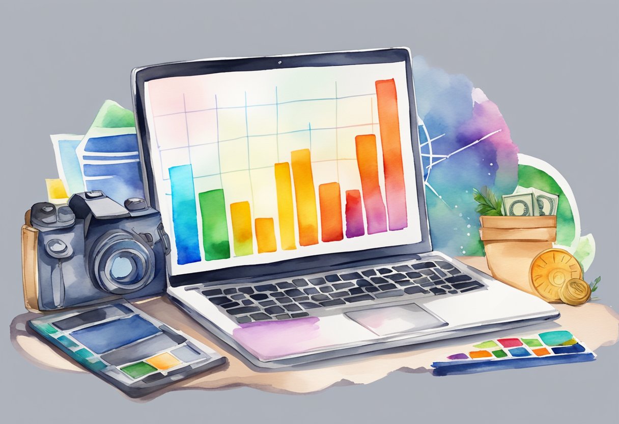 A laptop open on a desk with a camera and photo editing software displayed. Money symbols and a graph showing increasing earnings from stock photo sales