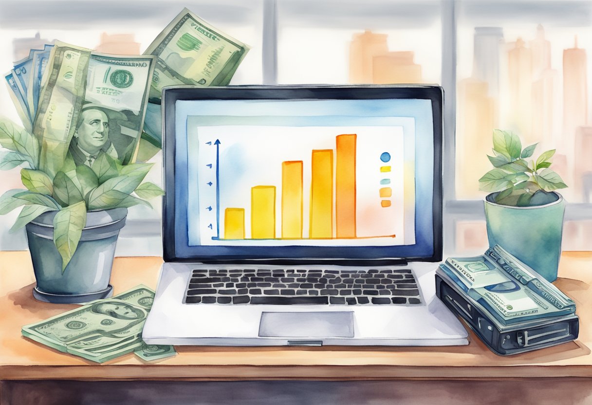 A laptop with a stack of money and a camera on a desk, with a graph showing increasing sales in the background