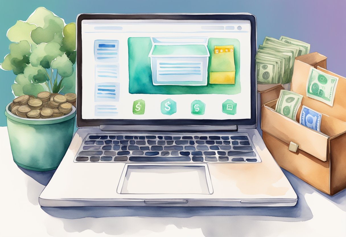 A laptop displaying an online dropshipping store with products, while money flows into a bank account in the background