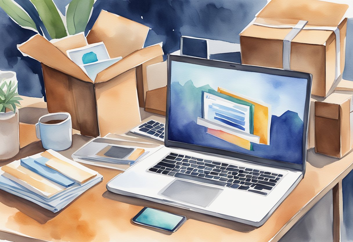 A laptop on a desk with a dropshipping website displayed, surrounded by packages ready for shipping