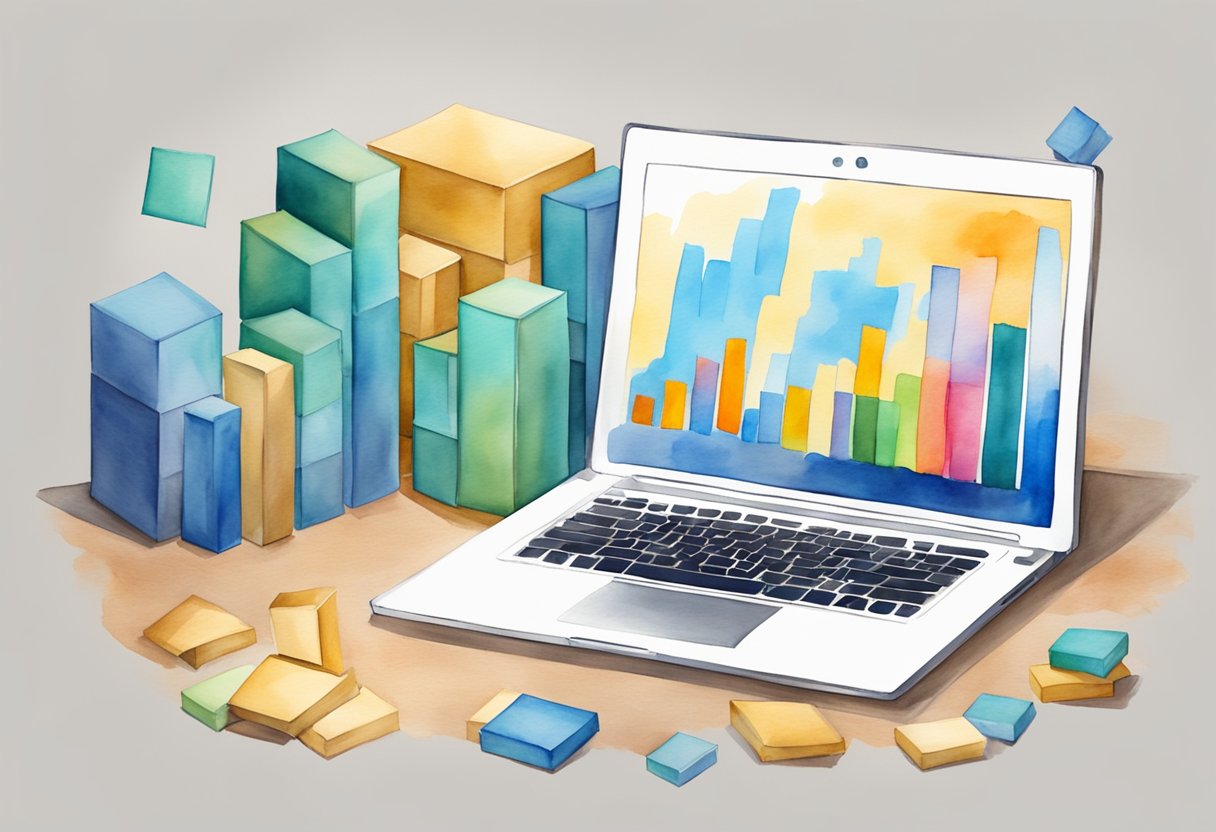 A laptop surrounded by shipping boxes, with a graph showing increasing profits in the background