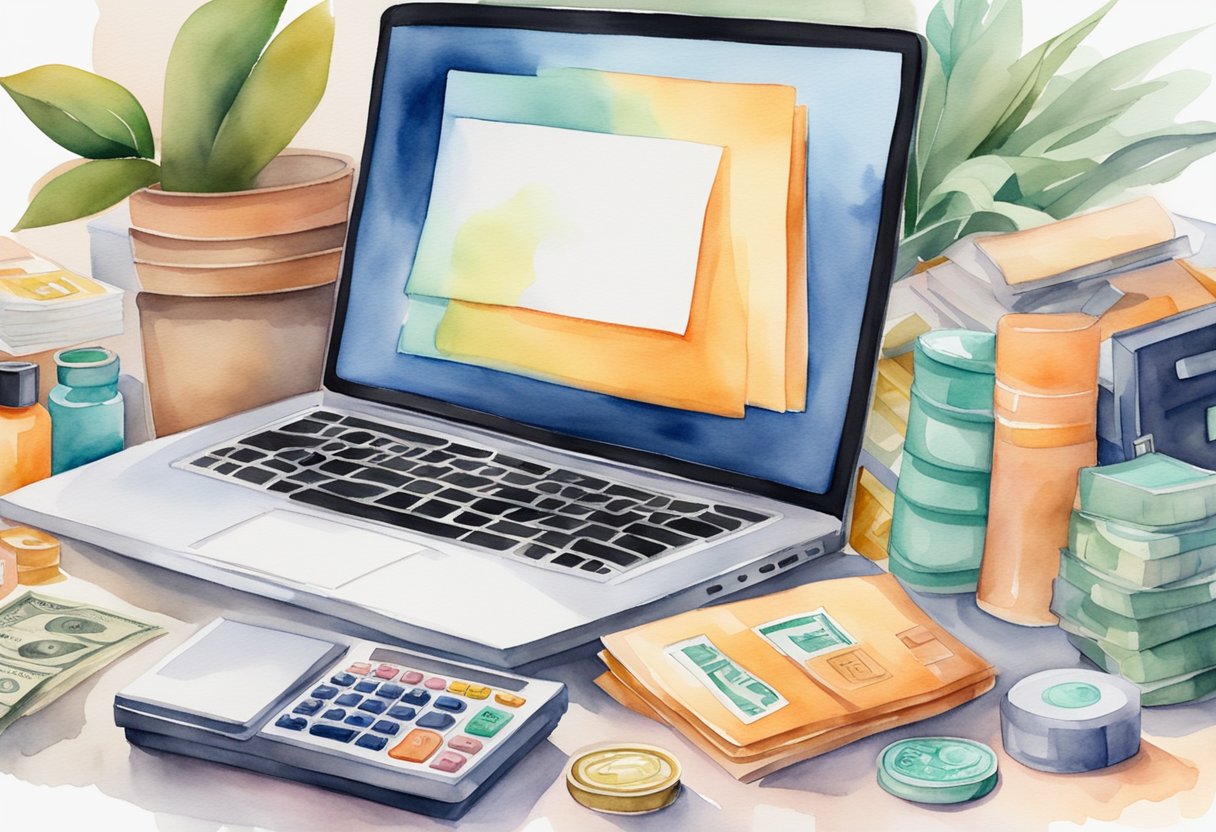 A laptop surrounded by various products, a stack of orders, and a cash register displaying increasing revenue