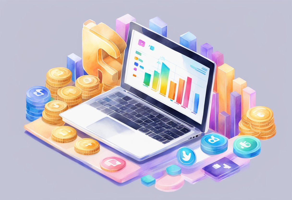 A laptop with social media icons, a growing bank account, and a passive income graph trending upwards
