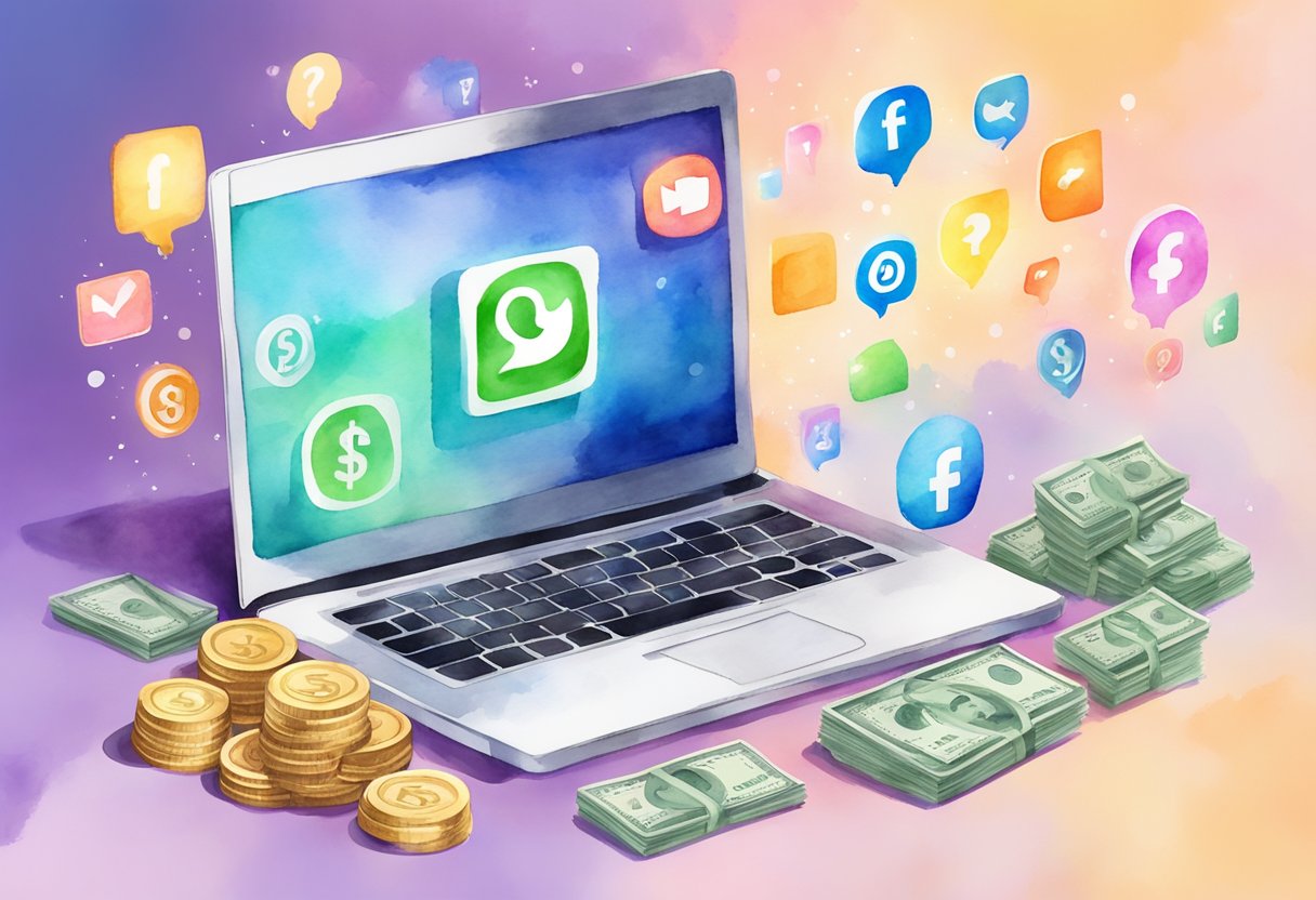 A laptop with social media icons, a growing graph, and a stack of money, surrounded by question marks and a spotlight