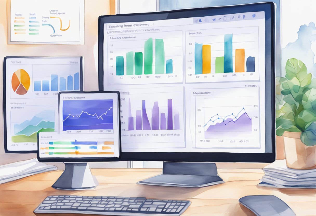 A computer screen displaying P2P lending platforms with regulatory documents in the background. Graphs and charts show passive income growth