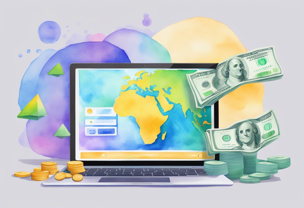 A laptop displaying a peer-to-peer lending platform, with money flowing from one user to another. Graphs show passive income increasing over time