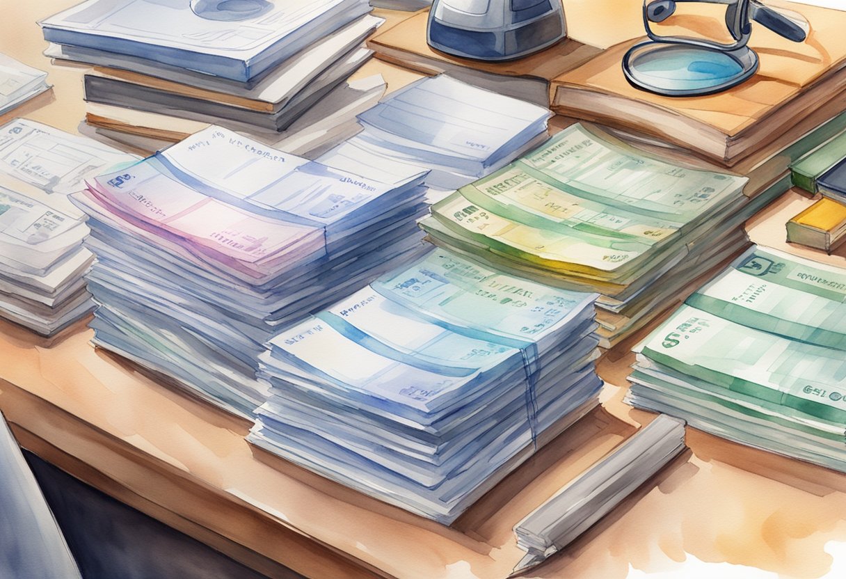 A stack of royalty checks on a desk, surrounded by patents, books, and a computer showing income tracking software
