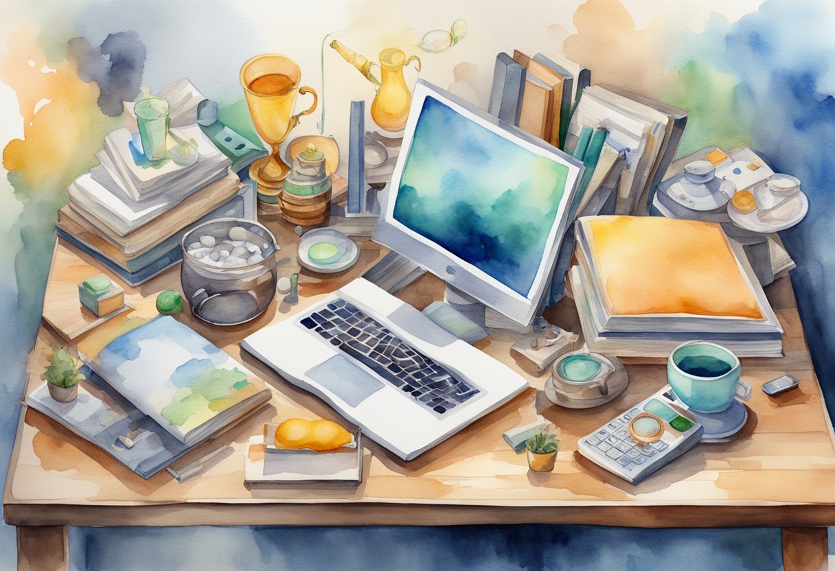 A table with various inventions (books, products, music) generating income. Multiple streams of passive income flowing into a portfolio