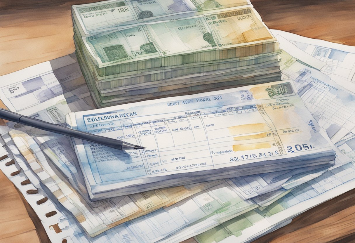 A stack of royalty checks sits on a desk, surrounded by blueprints and invention sketches. A calendar on the wall marks the date for the next payment