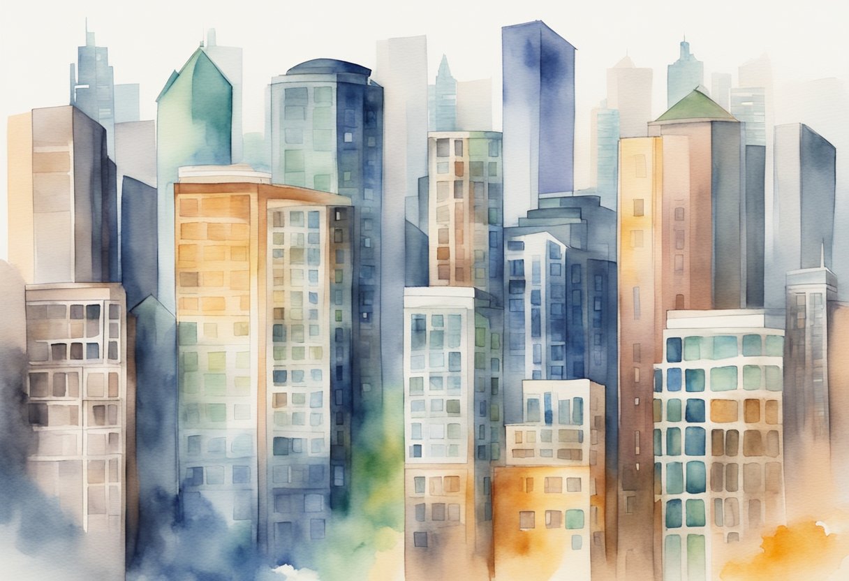 A modern city skyline with various commercial and residential buildings, representing passive income from real estate investment trusts (REITs)
