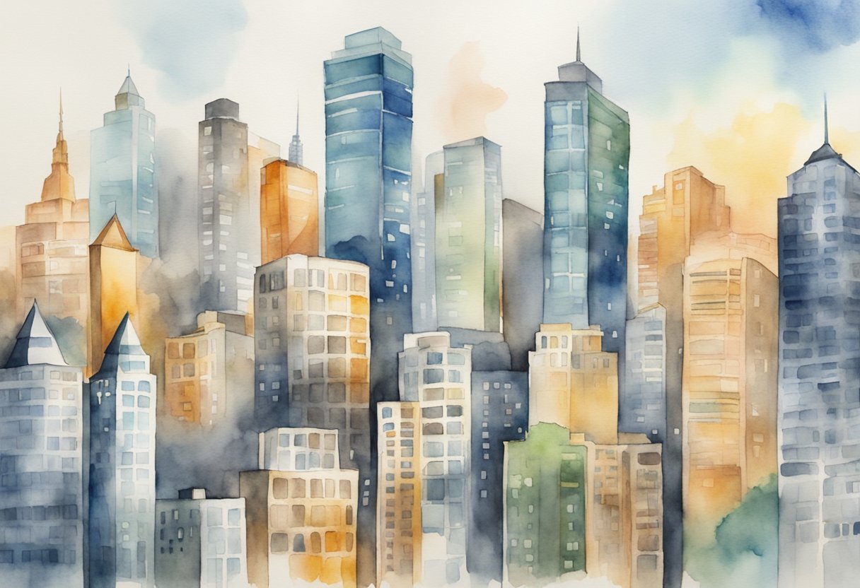 A bustling city skyline with various commercial and residential buildings, symbolizing the diverse real estate assets within a REIT portfolio