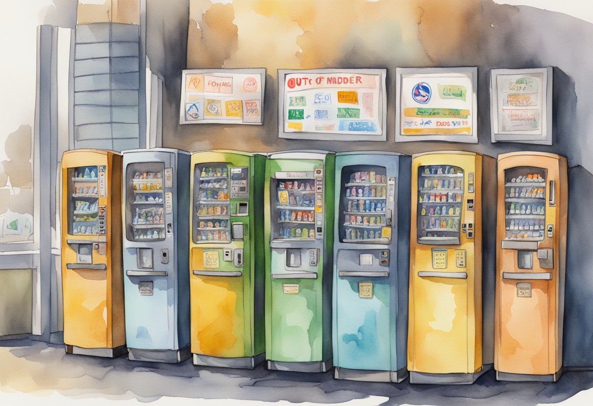 Vending machines stand idle, displaying "Out of Order" signs. A frustrated investor troubleshoots the machines, surrounded by tools and manuals