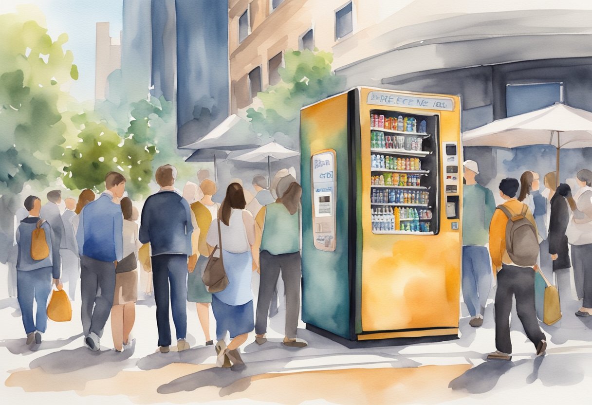 A vending machine stands in a bustling public space, surrounded by people. A sign on the machine advertises passive income through investing and networking