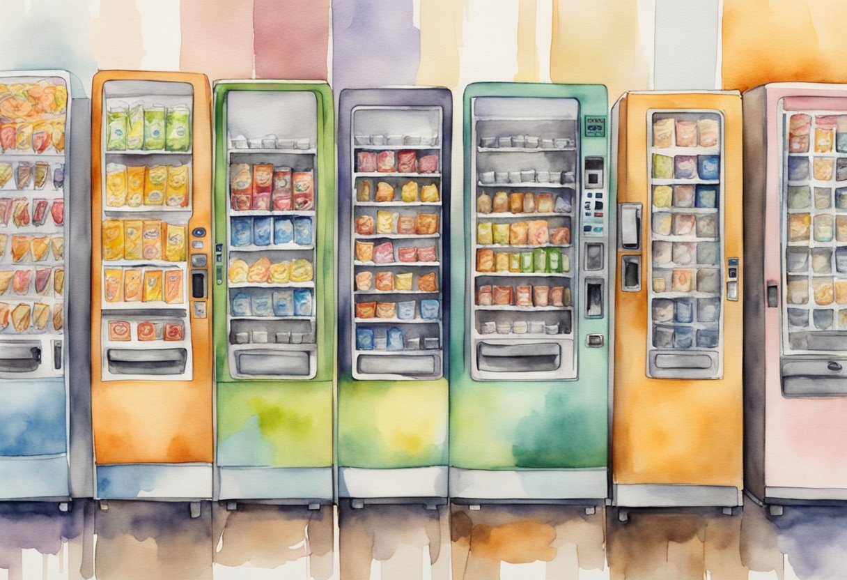 A row of vending machines, each displaying a variety of snacks and drinks. People approach, insert money, and retrieve their chosen items