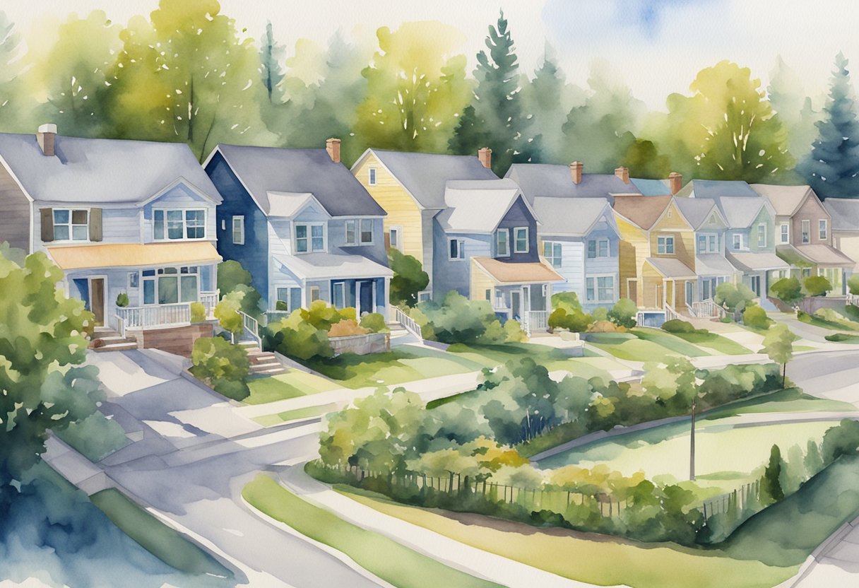 A tranquil suburban neighborhood with rows of modern houses, each displaying a "crowdfunded real estate" sign, symbolizing passive income