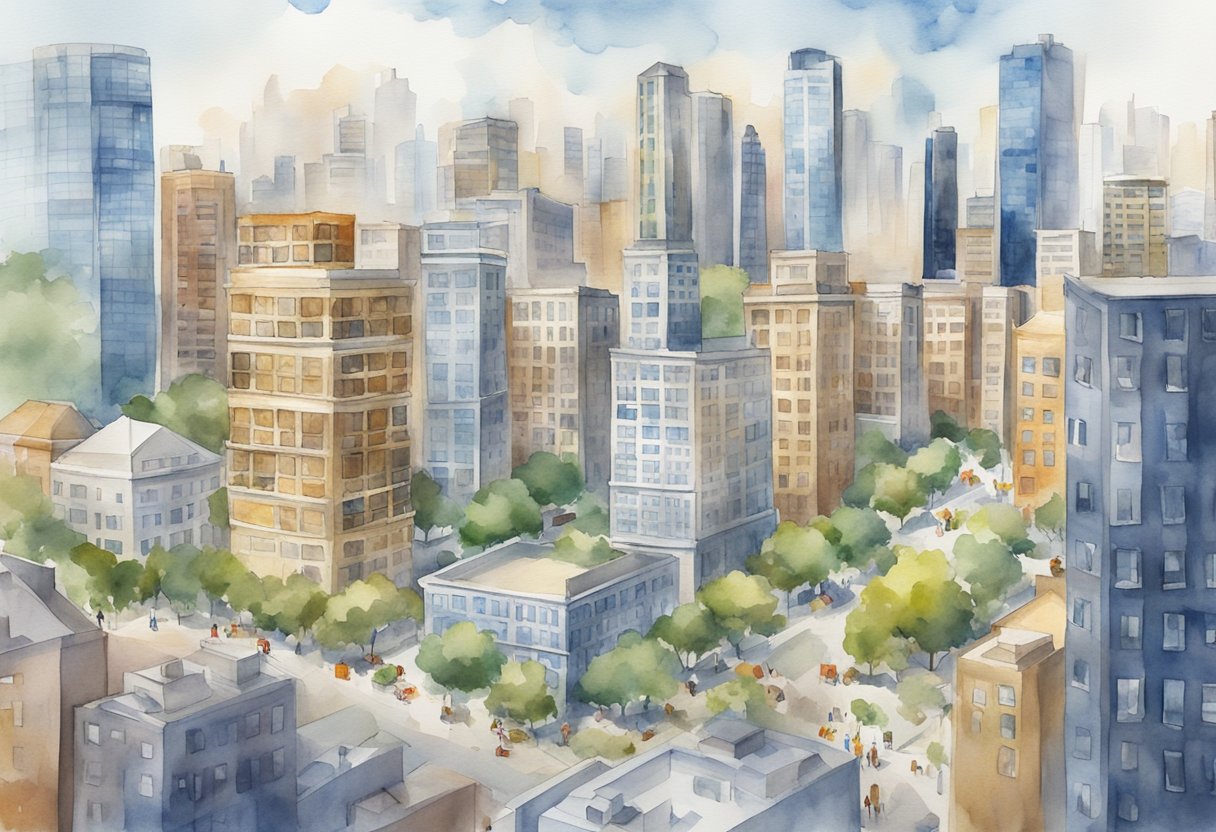A bustling city skyline with various real estate properties, including apartment buildings, office towers, and retail spaces. A crowd of diverse investors are depicted investing in these properties through a digital platform