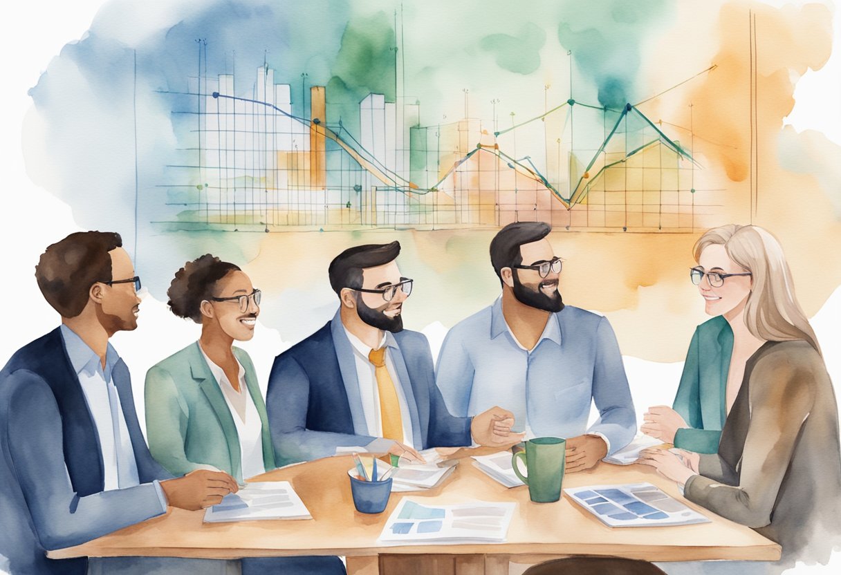 A diverse group of people gather around a table, discussing real estate investment opportunities. Charts and graphs adorn the walls, showcasing potential passive income streams from crowdfunded properties