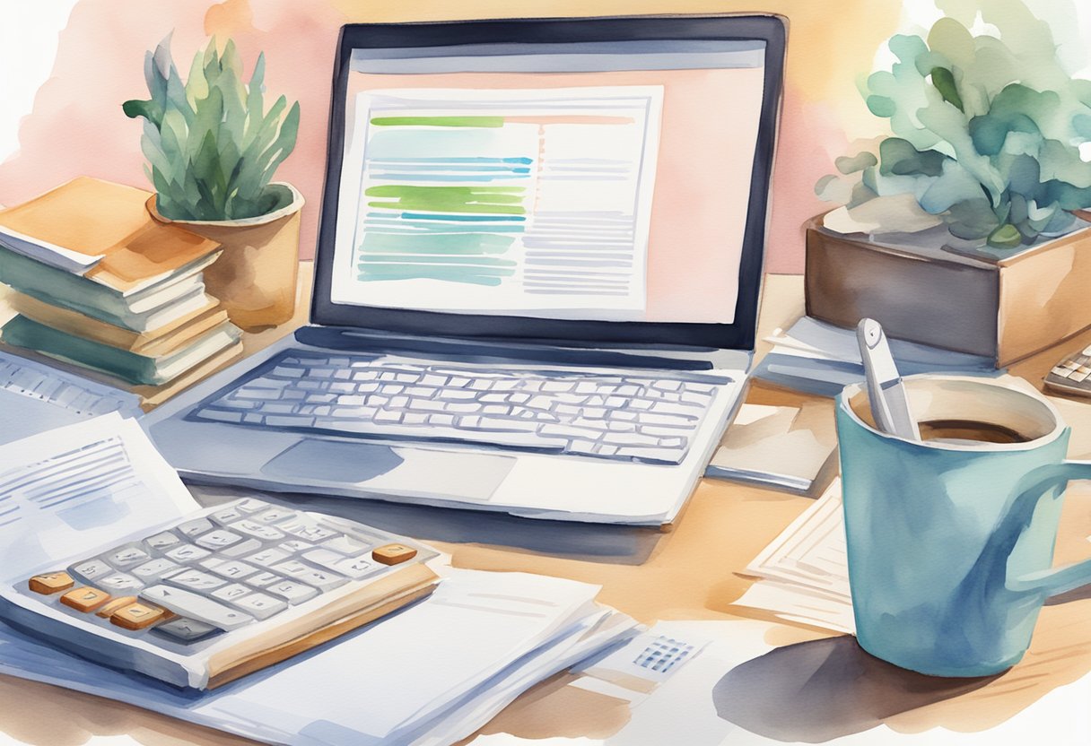 An open laptop displaying a webpage titled "Frequently Asked Questions: Passive Income from Crowdfunded Real Estate." A stack of real estate documents and a calculator sit nearby