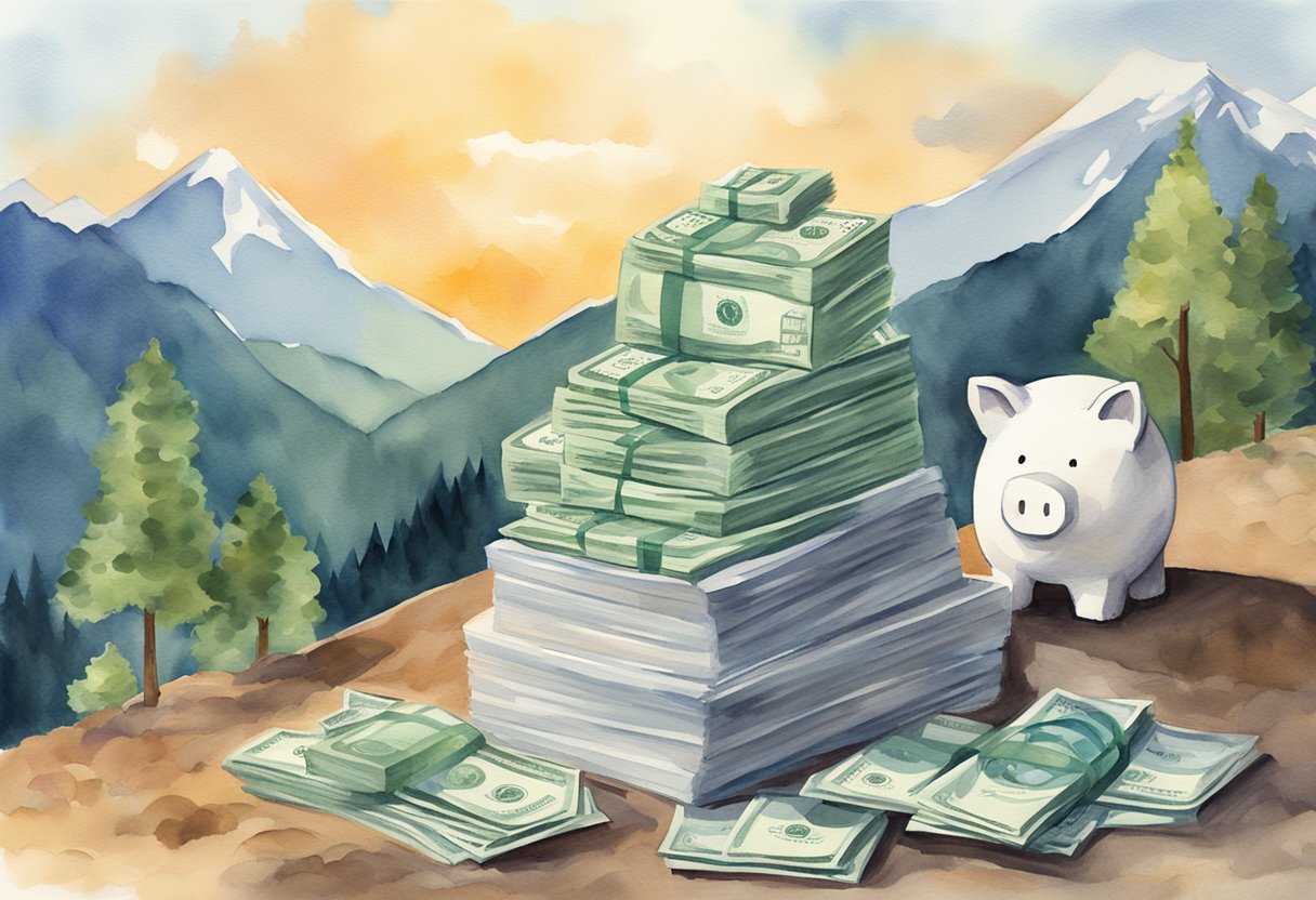 A stack of money grows steadily as a stream of income flows into a piggy bank labeled "Annuity." The piggy bank sits atop a mountain of financial documents, symbolizing the steady passive income generated from setting up an annuity