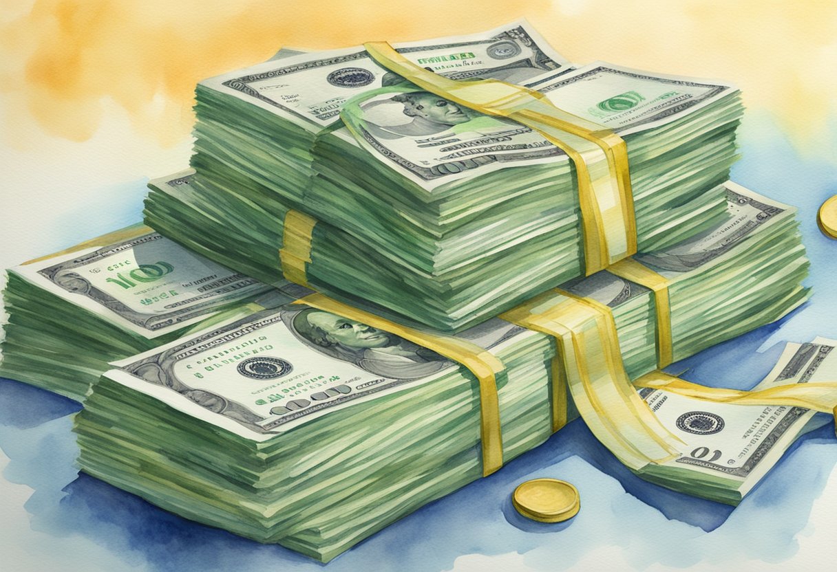 A stack of money grows higher as a stream of income flows into an annuity, with a sign reading "Frequently Asked Questions: Passive Income."