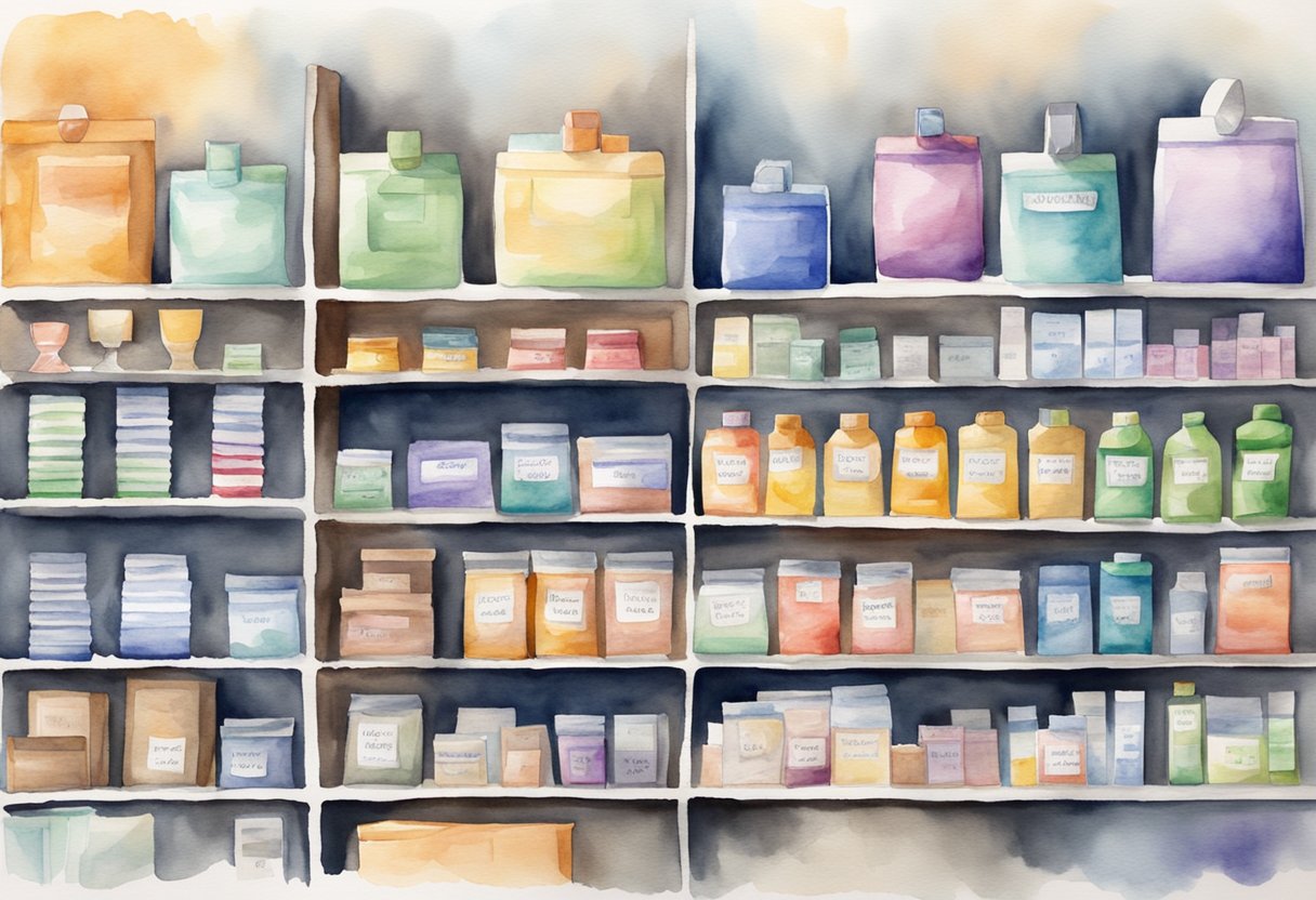 Various retail products arranged neatly on shelves, with price tags and labels. A cash register sits nearby, indicating transactions and sales