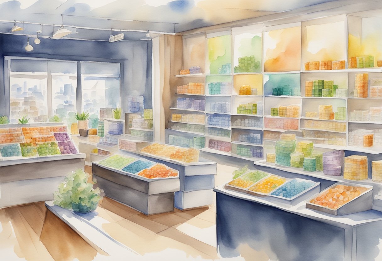 Products being sold in a retail store, money flowing in, charts showing growth and passive income