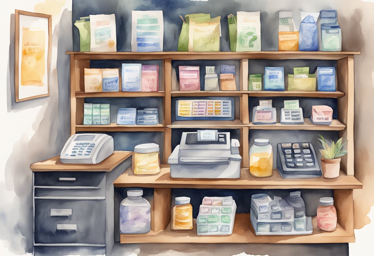 Various retail products displayed on shelves with price tags. A cash register and a sign with "Frequently Asked Questions" about passive income from flipping items