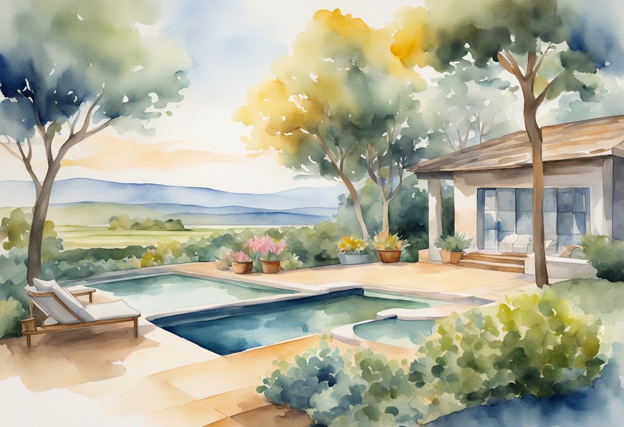 A serene landscape with a picturesque real estate property and valuable art pieces displayed in a modern setting, symbolizing passive income opportunities