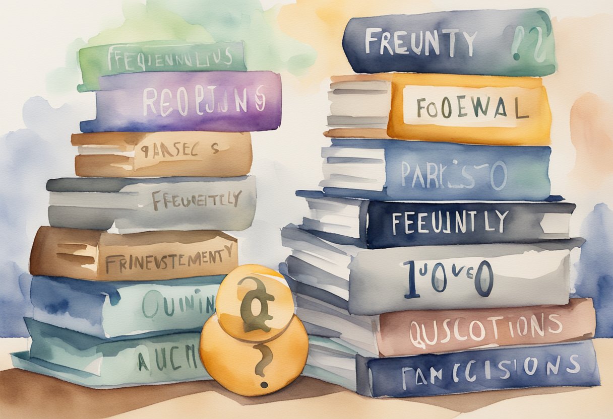 A stack of art pieces and alternative investment options with a "Frequently Asked Questions" sign displayed prominently