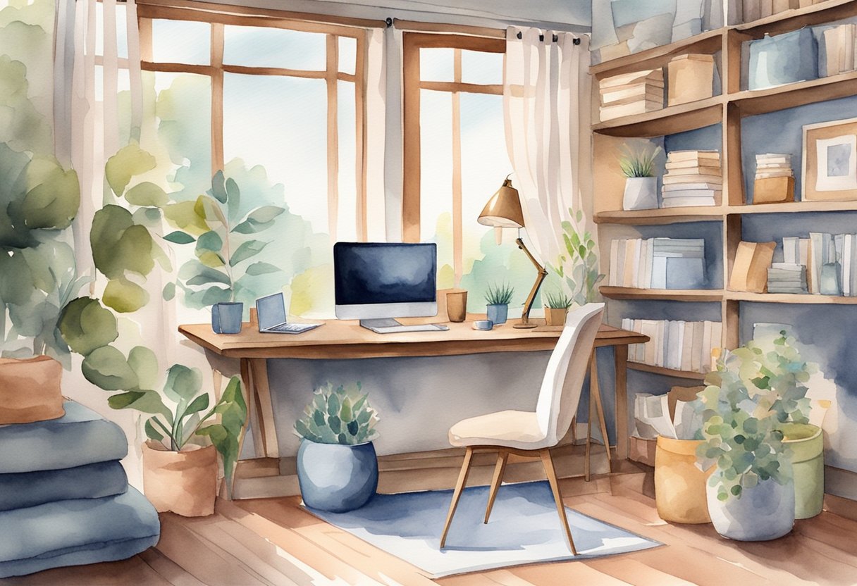 A cozy home office with a laptop, handmade goods on display, and a seamless online shopping experience