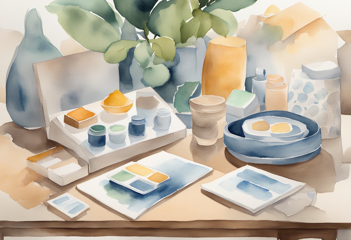 A table with various handmade goods displayed, alongside marketing materials and branding strategies