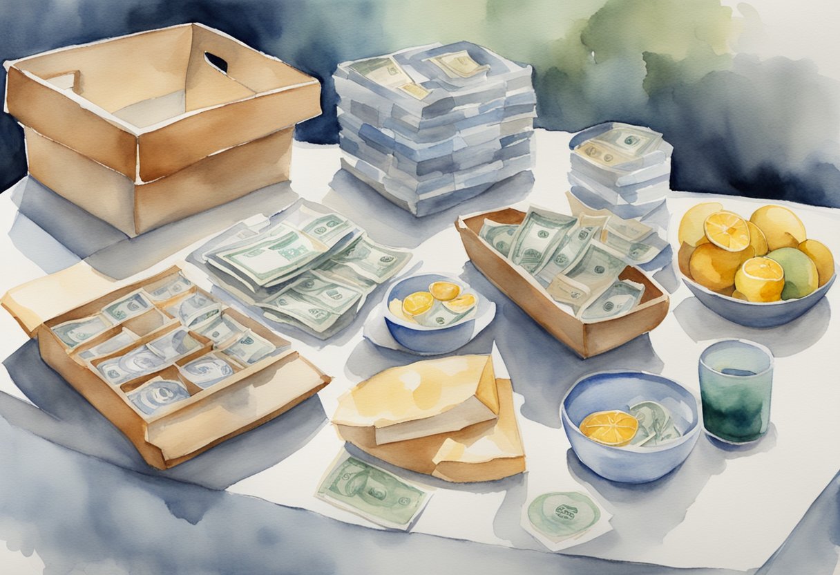 A table with various handmade goods displayed, money and receipts indicating sales