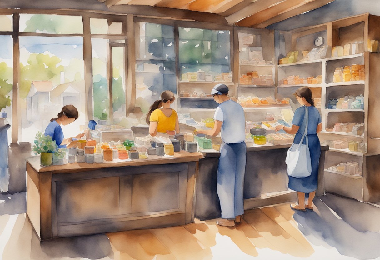 A table with various handmade goods displayed, a cash register, and customers making purchases