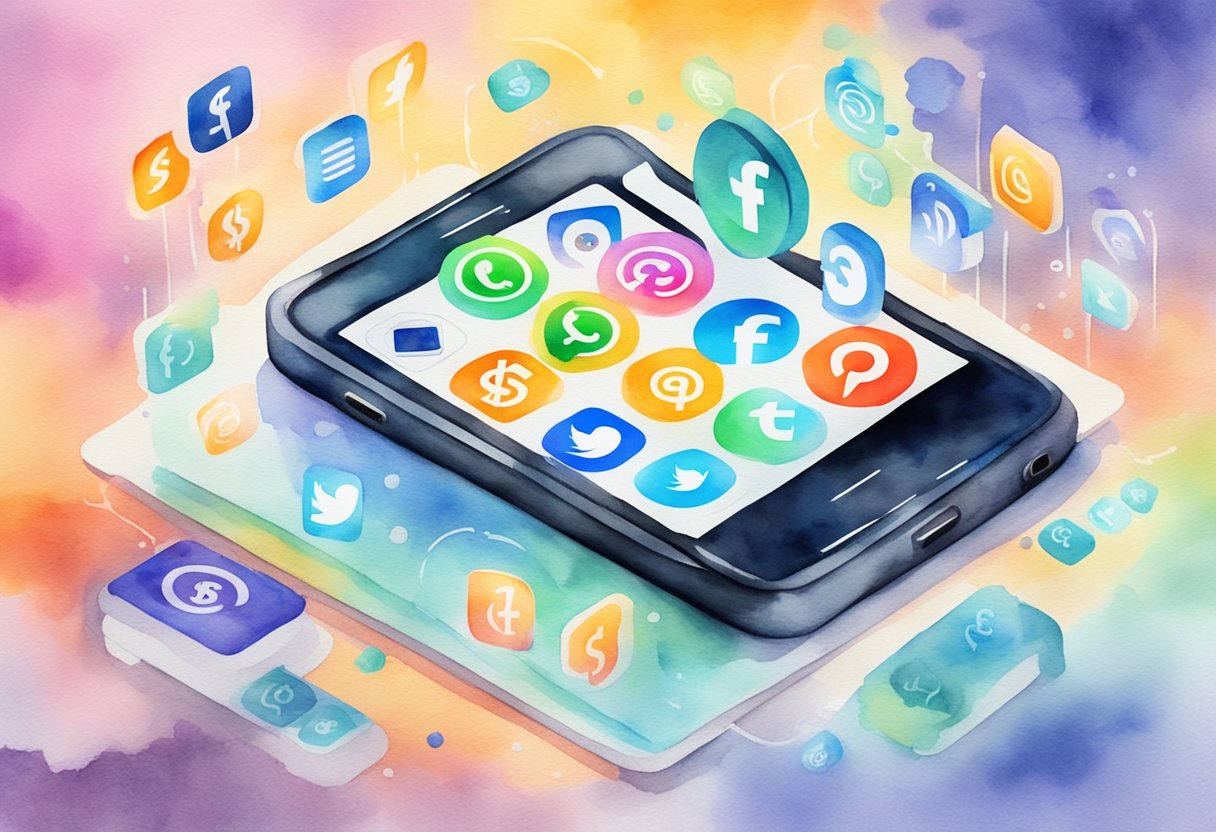 A smartphone displaying a social media app with sponsored posts, surrounded by dollar signs and passive income symbols