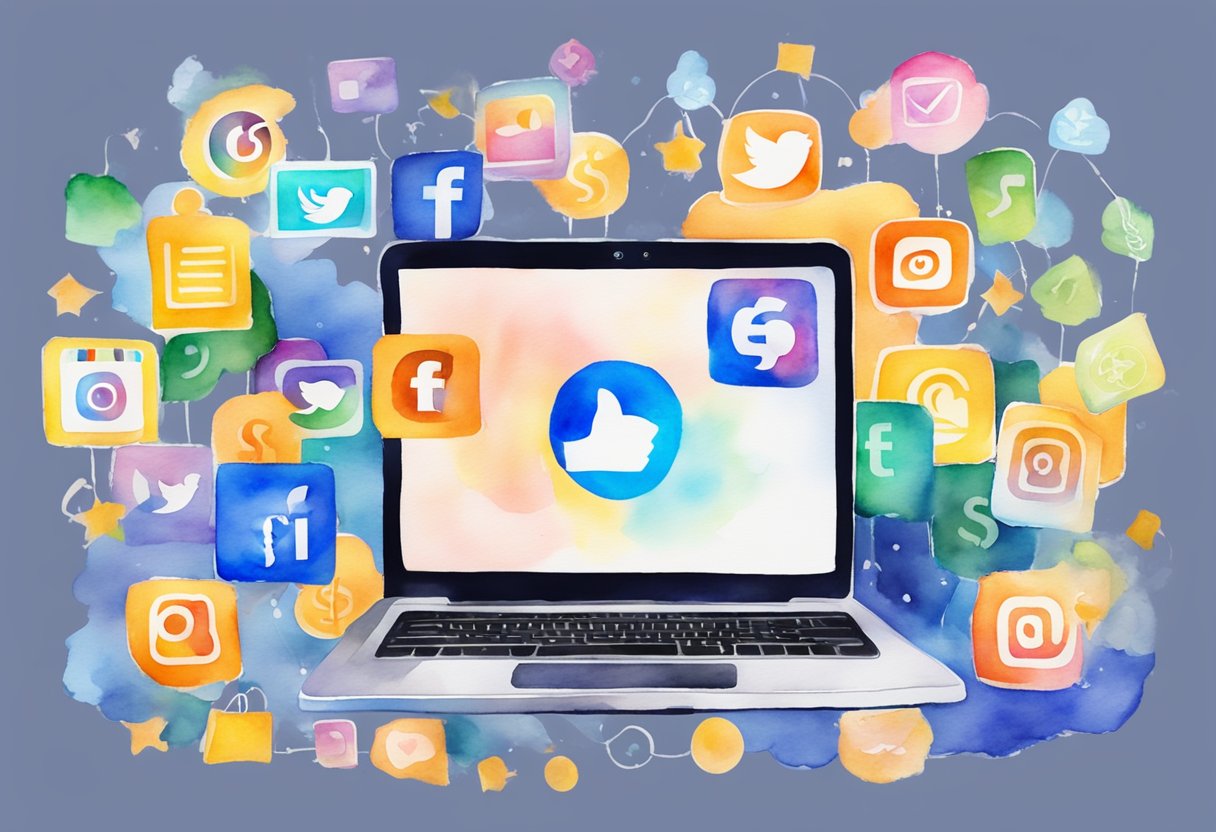 A laptop displaying social media platforms with sponsored posts. A flow of money symbols representing passive income streams