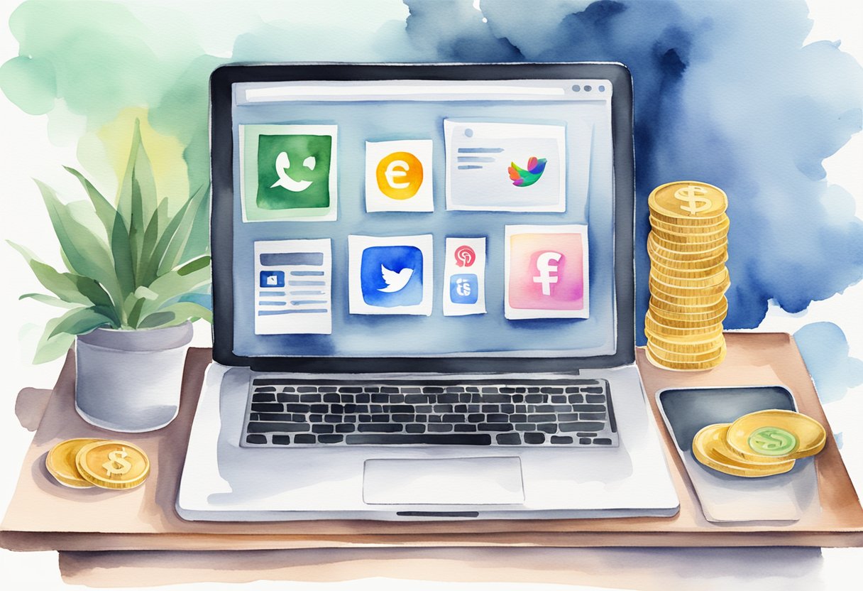 A laptop open on a desk, with social media platforms displayed and money symbols floating above, representing passive income from sponsored posts