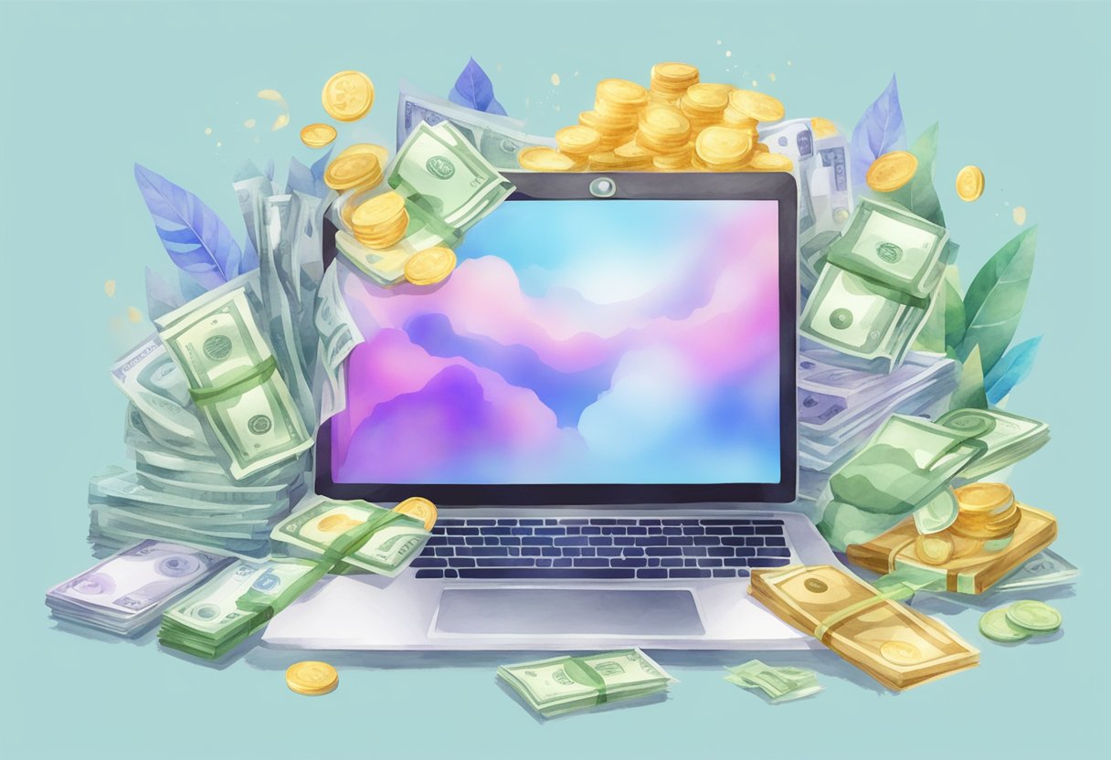 A laptop surrounded by various products with money flowing into it, representing passive income from affiliate marketing