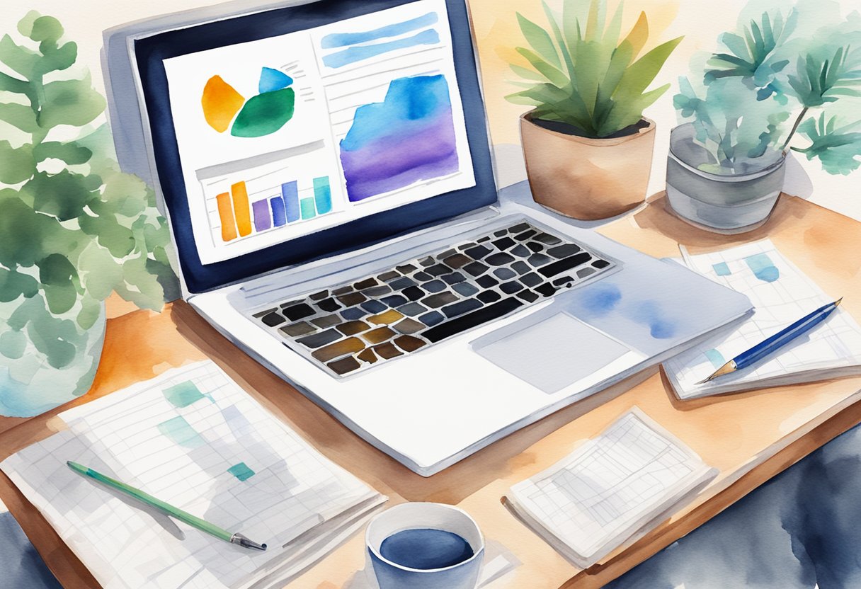 A laptop sits open on a desk, surrounded by books and papers. A graph on the screen shows increasing passive income from an affiliate marketing business