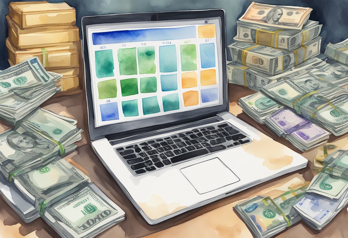 A laptop displaying various affiliate partner logos, surrounded by stacks of cash and a calendar with passive income dates highlighted