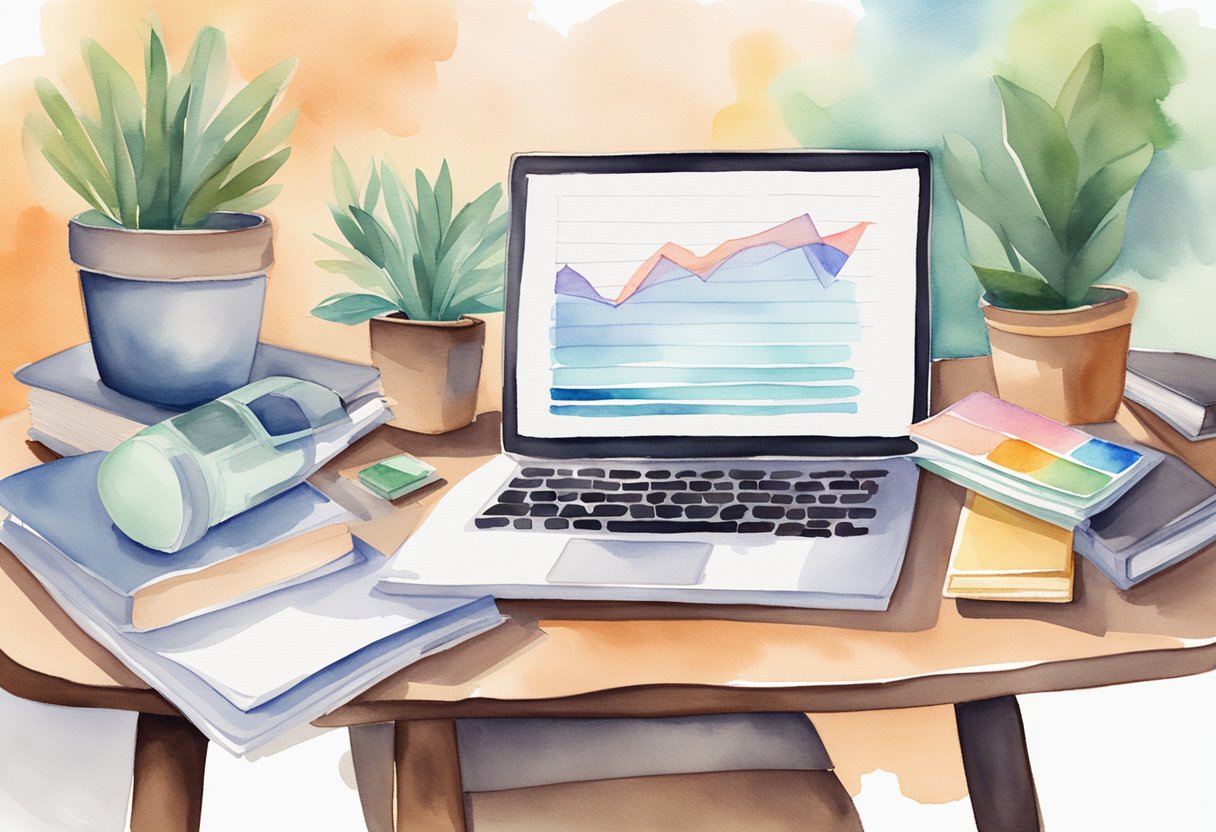 An open laptop on a desk, surrounded by books and papers. A graph showing increasing passive income is displayed on the screen