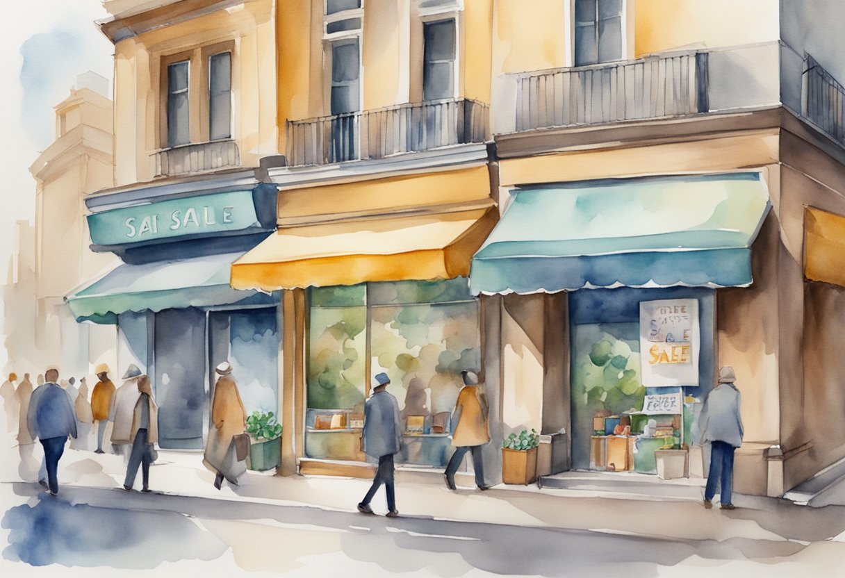 A storefront with a "For Sale" sign, surrounded by bustling foot traffic. A graph showing increasing profits. A person relaxing while money flows in