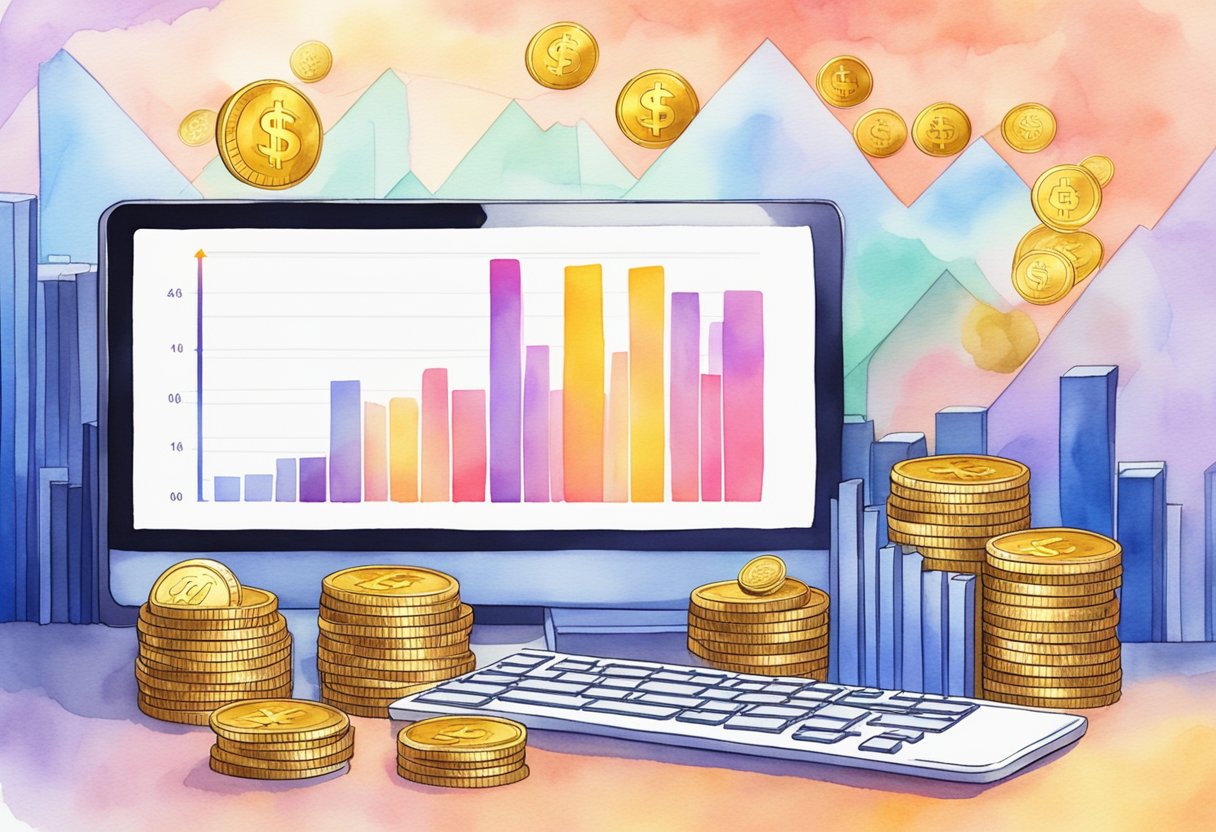A computer screen displaying a chart with a rising line, surrounded by stacks of digital coins, with the word "staking" highlighted in bold letters