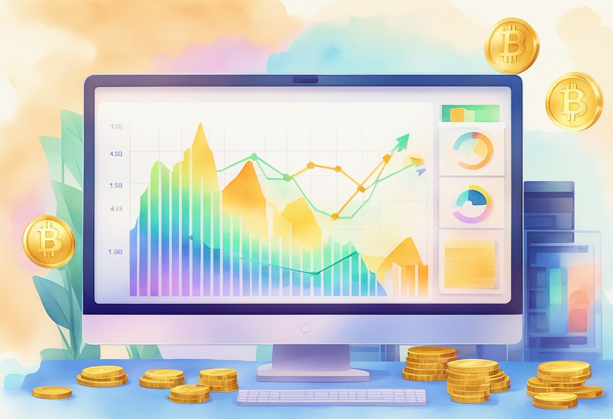 A computer screen displaying a graph of increasing returns from crypto staking, with a stack of coins symbolizing passive income