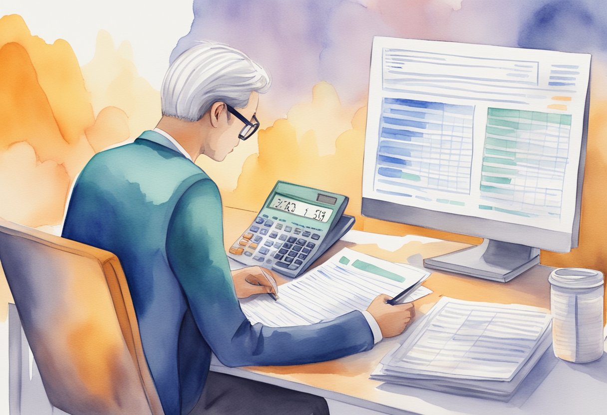 A person reviewing tax forms with a calculator, computer, and documents, while a graph shows passive income from crypto staking