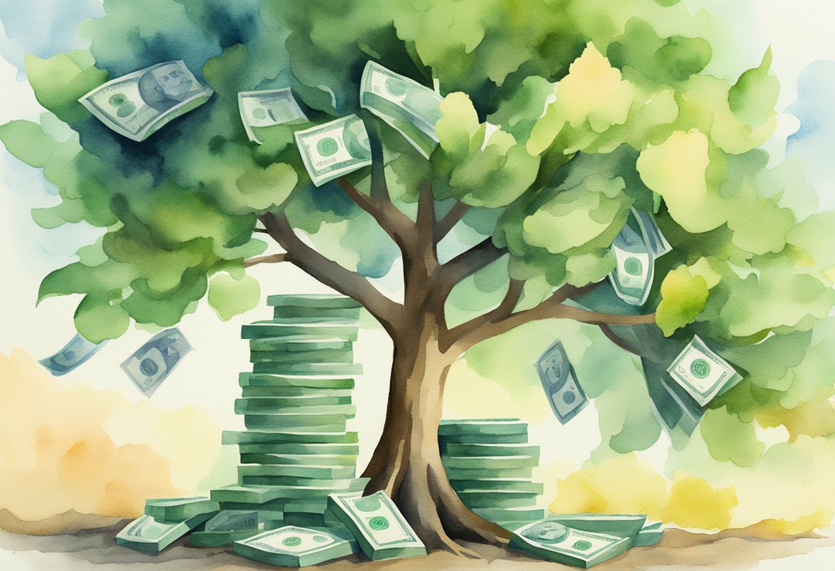 A stack of money grows on a tree, symbolizing passive income from private equity